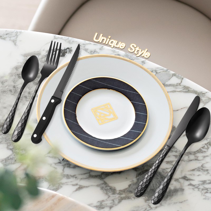 30 Pcs Black Hammered Silverware Set Service for 6,with Steak