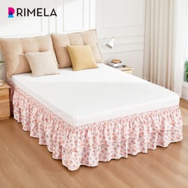 RIMELA Ruffle Bed Skirt Pink Rose Floral Queen 15 Inch Drop, Elastic Wrap Around Bed Skirting Queen Size, Easy to Install Dust Ruffle, Machine Washable Soft Fabric, Multi Ruffle Bedskirt