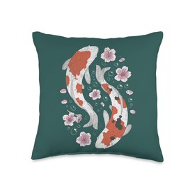 Koi Fish and Sakura Flowers Peace Motivation Fish Retro Throw Pillow, 16x16, Multicolor