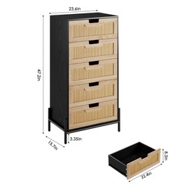 GarveeHome Natural Rattan 5 Drawer Dresser, Wooden Chest of Drawer, Farmhouse Storage Cabinet with Solid Metal Legs, Modern Storage Unit for Bedroom, Living Room, Entryway, Black