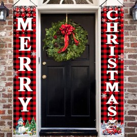 Jesiramoo Christmas Decorations Outdoor Yard: Large Red Black Front Porch Sign, Buffalo Plaid Xmas Door Banner, Hanging Merry Christmas Decor for Home School Office Indoor Wall Garage Yard Outside