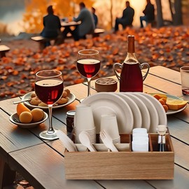 BOTOP Acacia Wood Utensil Holder for Party, Paper Plate Organizer Silverware Caddy with 6 Compartments for Plate, Cup, Fork, Spoon, Cutlery Holder Countertop for Kitchen Camping Buffet
