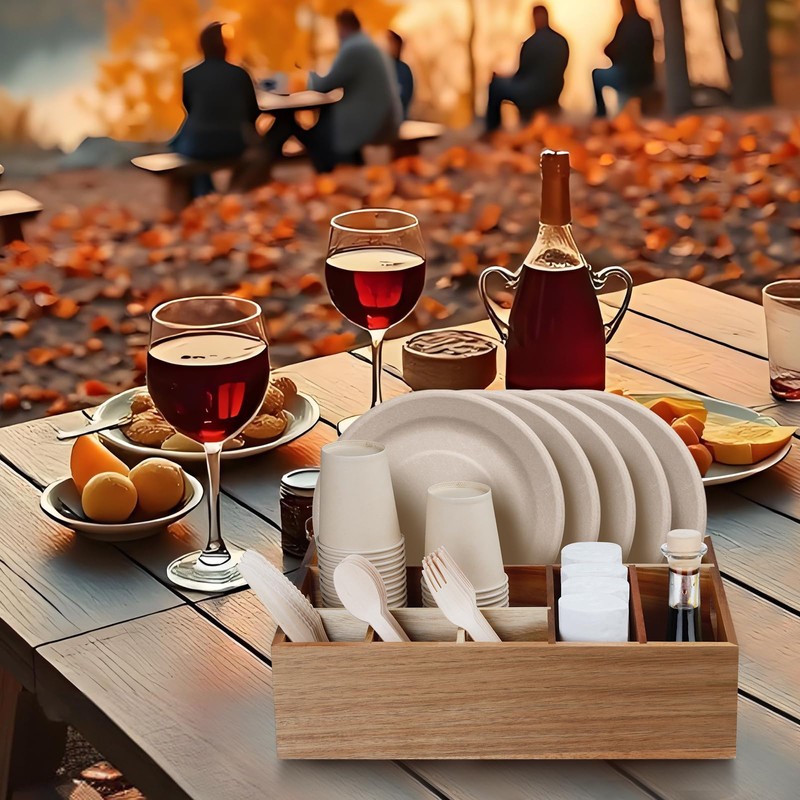 BOTOP Acacia Wood Utensil Holder for Party, Paper Plate Organizer