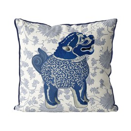 Kelly Stevens-McLaughlan, Happy Blue Foo Dog Chinoiserie on Cream Cushion / Pillow Cover, Zippered Base, Full Piping, 18 Inches x 18 inches