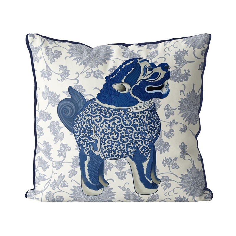 Kelly Stevens-McLaughlan, Happy Blue Foo Dog Chinoiserie on Cream Cushion