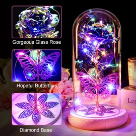 Beferr Gifts for Women Mom Birthday Gifts Galaxy Rose Eternal Colorful Rainbow Flower Gifts Light Up Rose in Glass Dome Mothers Day Rose Gifts for Grandma Daughter Wife Sister Friends Purple