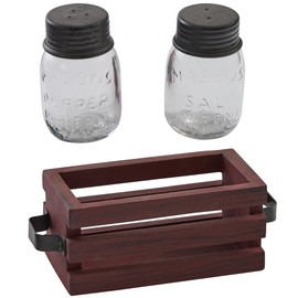 Park Designs Cozy Farmhouse Salt and Pepper With Caddy, Rustic Glass Salt and Pepper Shaker with Wooden Holder, Country Farmhouse Table and Kitchen Accessory