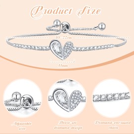 Moguri Silver Bracelet Tennis Bracelet Women Girls Heart Tennis Bracelet with Zirconia for Sister Girlfriend Mum Daughter Adjustable Silver Bracelet Gifts for Mother's Day