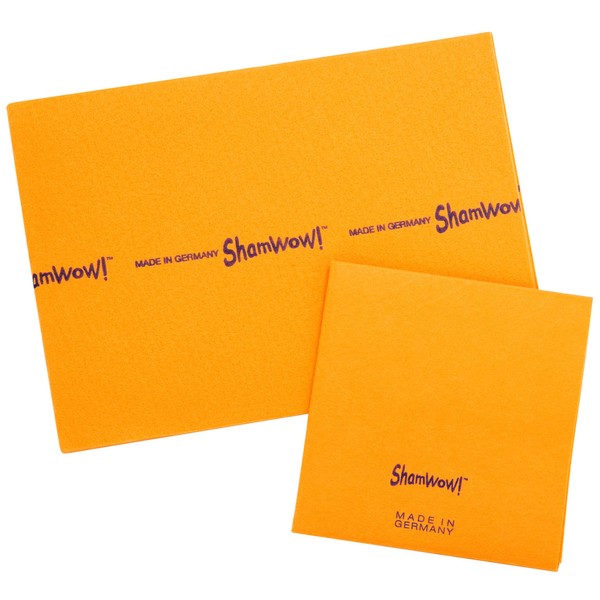 ShamWow- New & Improved Super Absorbent Multi-Purpose Cleaning Shammy Chamois Towel Cloth - Holds 10X its Weight in Liquid - Zinc Treated Odor Fibers - Machine Washable (2 Pack Mini & Large)