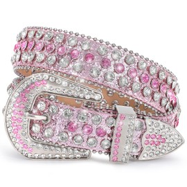 XZQTIVE Rhinestone Studded Western Leather Belt, Men Women Vintage Cowgirl Cowboy Bling Design Crystal Diamond Waist Belts for Pants Jeans Dress(6-Pink (Silver Buckle), Fit waist 30-32 inch)