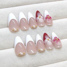 Flower Press on Nails White French Tip Fake Nails Medium Almond False Nails with Pearl Design 5D Floral Glue on Nails Glossy Artificial Acrylic Full Cover Nude Stick on Nails for Women Manicure 24Pcs