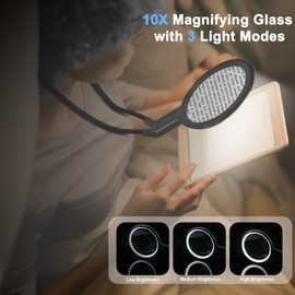 Neck Magnifier Hands Free with Light, 10X 5.2 Large Magnifying Glass with 36 LED Light, Flexible Gooseneck for Close Work Reading Sewing Senior (Black)