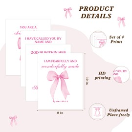 Shescrzionu 4 PCS Coquette Room Decor and Pink Bow Decor Room Decor For Teen Girls, Bible Verses Wall Decor, Preppy Posters for 10x8 Inch Set of Bow Pictures for Bedroom - A04