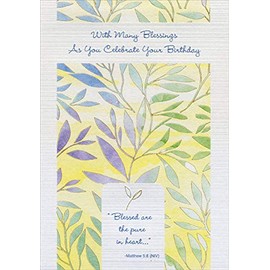 Designer Greetings with Many Blessings: Blue, Purple, Green Leaves on Yellow Religious Birthday Card