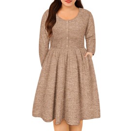 RITERA Women's Plus Size Dresses Long Sleeves Sweater Dress Crewneck Wedding Guest Dresses for Women Casual Ribbed Knit Evening Dresses Brown Knee Length Party Dresses with Pockets 4XL 24W 26W