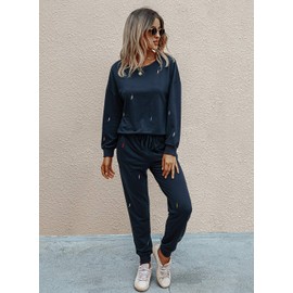 PRETTYGARDEN Women's Tie Dye Two Piece Pajamas Set Casual Long Sleeve Sweatshirt with Long Pants Loungewear (Solid-Navy,Large)