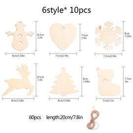 Christmas Tree Wooden Ornaments 60Pcs Snowflake Reindeer Xmas Tree Ornaments Hanging Chip Tags Pendant with Rope for Xmas Tree Holiday Party Home Decor Wedding DIY Craft Making Bunting Decor