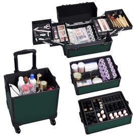 Topeakmart Rolling Makeup Case Large, 4 in 1 Professional Makeup Train Case, Cosmetic Storage Organizer Cosmetic Travel Case with Folding Trays, Wheels and Aluminum Frame, Dark Green