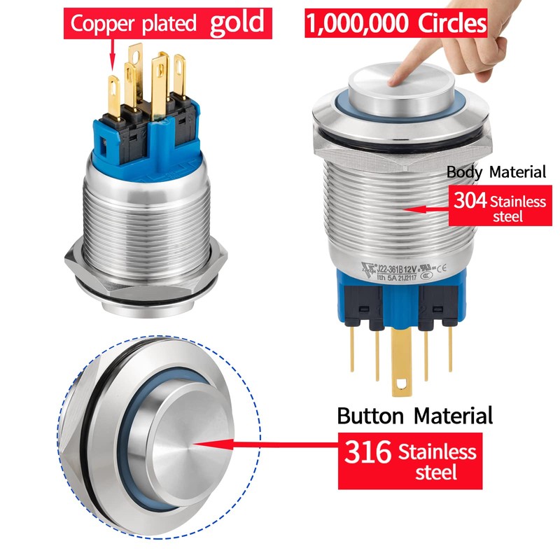(2 Pcs) UL Certification 22mm Push Button Switch Latching 12V