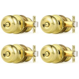 Probrico Gold Interior Door Knobs for Bedroom Bathroom, Polished Brass Privacy Door Knob Keyless Door Lock with Round Ball Knob, 4 Pack