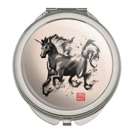 Unicorn Traditional Chinese Ink Painting Compact Travel Purse Handbag Makeup Mirror