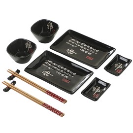 Mocerakai 10 pcs Japanese Sushi Plate Sets Serving Platters and Trays for Entertaining Sushi Dishes Set Plates Sushi Plates Traditional Cuisine Dinnerware Sets with Chopsticks Black Shen