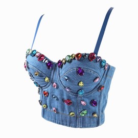 VEENDEO Women's Bustier Crop Top Mesh Corset Top Push up Rhinestone Diamond Bra Club Party Vest