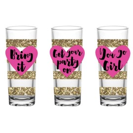 Slant Set of 3 Shot Glasses w Gold Bling - Bring It, Get Your Party On, You Go Girl