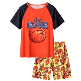 UNICABBIT21 Pajamas for Boys Cute Orange Basketball Short Sleeve and Shorts Sleepwear 2PCS Big Kids PJS Nighty Clothes Size 16