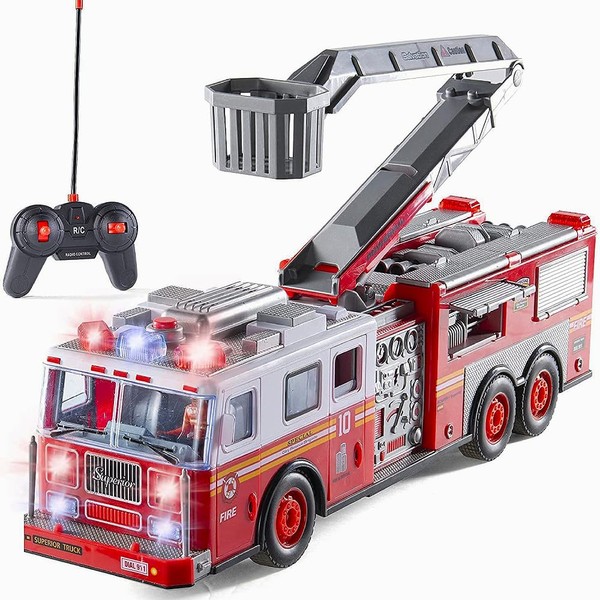 Prextex RC Fire Engine Truck Remote Control 14-Inch Rescue Fire Truck with 12-Inch Ladder and Lights and Sirens Best Gift Toy for Boys Girls