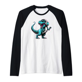 Dancing Tyrannosaurus Rex with Headphone Raglan Baseball Tee