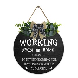 Working From Home Door Sign Please Do Not Knock or Ring Doorbell with Buffalo Plaid Bow Do Not Disturb Front Door Sign for All Seasons Home Office Porch Door Decoration 12 In