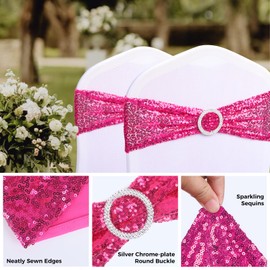 Babenest 10pcs Sequin Chair Sashes with Buckle Slider, One-Sided Sequins Stretchy Spandex Bands, Glitter Elastic Chair Ties for Wedding Party Ceremony Banquet Decorations (Magenta)