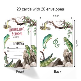 Reptile Birthday Invitation Cards with Envelopes Pack of 20 (4"x6"), Party Invitations for Boys, Girls, Kids, Teens, Slither, Hop and Crawl, Lizard Snake Crocodile Party Favors Decor and Supplies.(21)