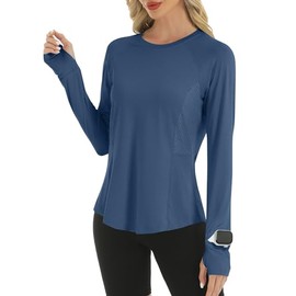Rapbin Long Sleeve Workout Tops with UPF 50+ Womens UV Protective Outdoor Activewear Lightweight Quick Dry Running Clothes Navy Blue XL