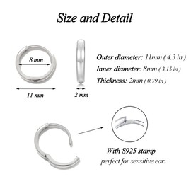 Small Silver Hoop Earrings, 925 Sterling Silver Post Lightweight Sleeper Hoops Earring 8mm Silver Earrings for Women Girls Men Gifts Diameter 8mm Thickness 2mm