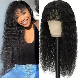 Doiwile Shaggy Haircuts Curly Human Hair Wig with Bangs 4x4 HD Lace Closure Wig with Bangs Human Hair Wear and Go Glueless Wigs for Black Women (Black,26inch)