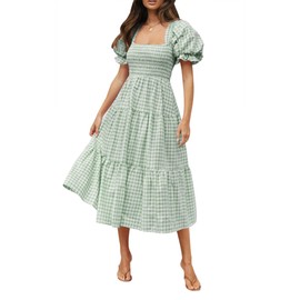 ZESICA Women's 2024 Bohemian Summer Plaid Square Neck Puff Sleeve Ruffle Flowy Beach Midi Dress,Green,Small