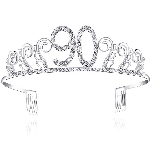 BABEYOND Crystal Rhinestone Tiara Princess Crown Birthday Crowns Silver Diamante Happy 18/20/21/30/40/50/60th Birthday (Silver-90th)