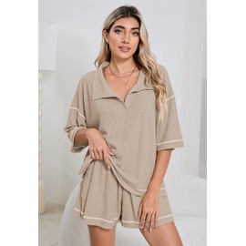 Womens 2 Piece Pajama Sets Short Sleeve Tops Lounge Sets Casual 2 Piece Outfits Summer Short Sets Loungewear Light Beige M