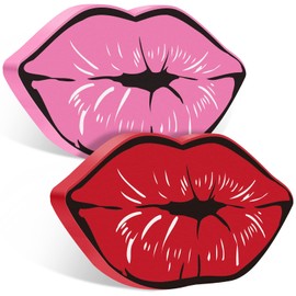 Unittype 2 Pieces Girl Office Decor Lips Wooden Sign Kisses Tabletop Sign Valentine Wood Signs Farmhouse Tiered Tray Decor Lady Gifts for Women Home Table, 6.3 x 3.5 x 0.47 Inches (Red, Pink)