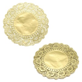 sourcing map 100pcs Lace Paper Doilies 8 Inch Gold Round Disposable Decorative Paper Placemats Hollow Flower Absorbing Papers for Cakes Desserts Food Decoration Wedding Birthday
