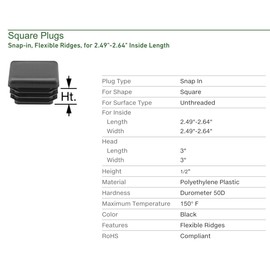 (Pack of 2) 3" Square Black Plastic Plug (3 Sq Inch) 3-7 Ga Plastic LDPE Flexible Ridges End Cap for Inside Dimensions 2.49" to 2.64". 3"x3" Fence Post Pipe. Tube Cover Insert Finishing Plug