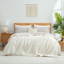 Amélie Home Chenille Waffle Queen Size Bed Blanket, Reversible Soft Cozy Knit Blanket Lightweight Warm Decorative Blanket for Bedroom, Beige, Ivory, 90 x 90 inch