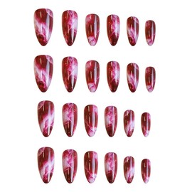 QQPPOLIU Press on Nails for Women, Red Press on Fake Nails Almond Medium Glue on Nails with Marble Design False Nails 24pcs