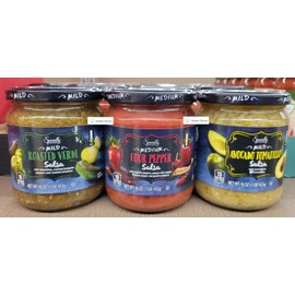 Specially Selected Premium Mild Roasted Verde, Medium Four Pepper, Mild Avocado Tomatillo Salsa, 16oz 453g (Three Bottles)