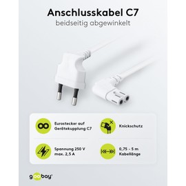 Goobay 97347 Euro Connection Cable Angled on Both Sides, 1 m, White Euro Plug (Type C, CEE 7/16) > Device Socket C15