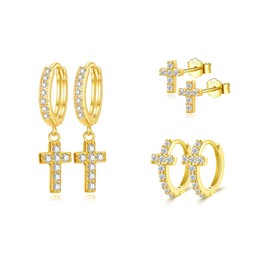 HinDaLi 3 Pairs of Cross Earrings Silver 925 for Women Men Girls Men Gold Stud Earrings Women's Small Cubic Zirconia Earrings Hoop Earrings with Cross Pendant Cartilage Tragus Sleeping Hypoallergenic