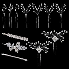 NICENEEDED 12 PCS Bridal Hair Pins, Crystal Pearl Bridals Hair Clips and Barrettes, Vintage Proms Hair Jewelry Accessories Wedding HairPieces for Women