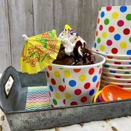 Ice Cream Sundae Kit - 12 Ounce Polka Dot Paper Treat Cups - Heavyweight Plastic Spoons - Paper Umbrellas - 12 Each Pink Orange Yellow Green Blue
